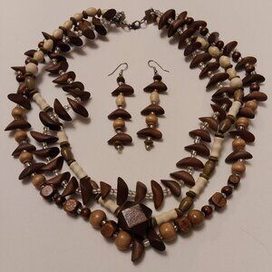 Handcrafted One-of-a-kind Brown Beige Ivory Clear Beaded Necklace and Earrings
